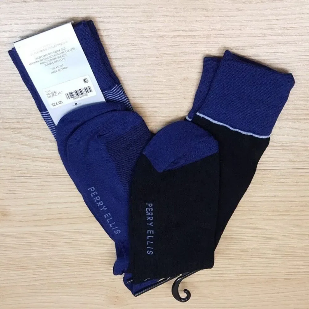 PERRY ELLIS Crew Dress Socks Mens 2-Pack Blue Black Stripe Cotton Knit
